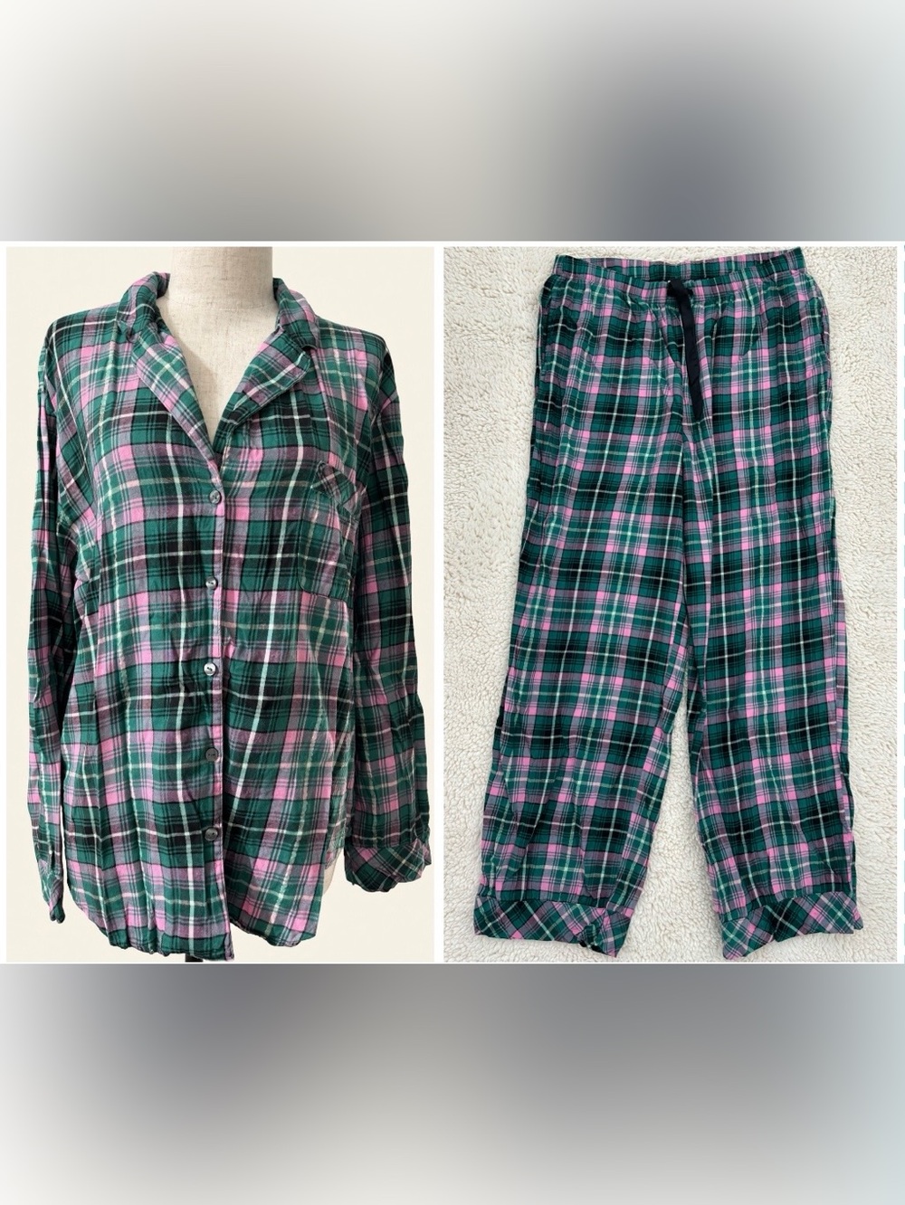 Victoria’s Secret green pink gold plaid flannel pajama set EUC - size L